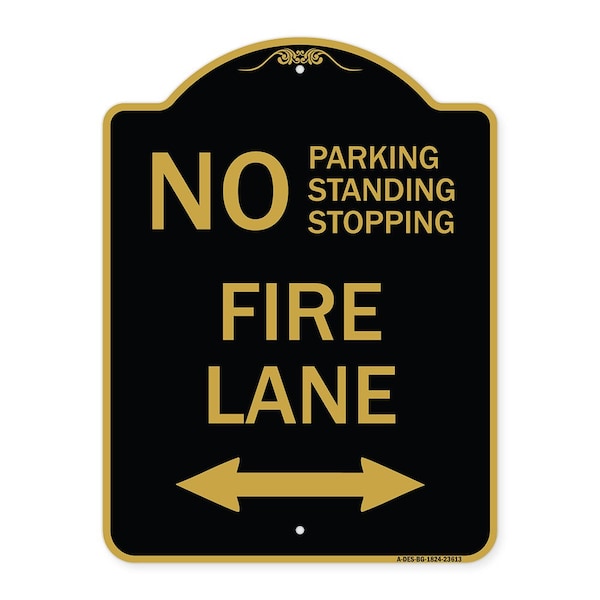 Signmission No Parking Standing or Stopping Fire Lane with Bidirectional Arrow, Black & Gold, BG-1824-23613 A-DES-BG-1824-23613 - main